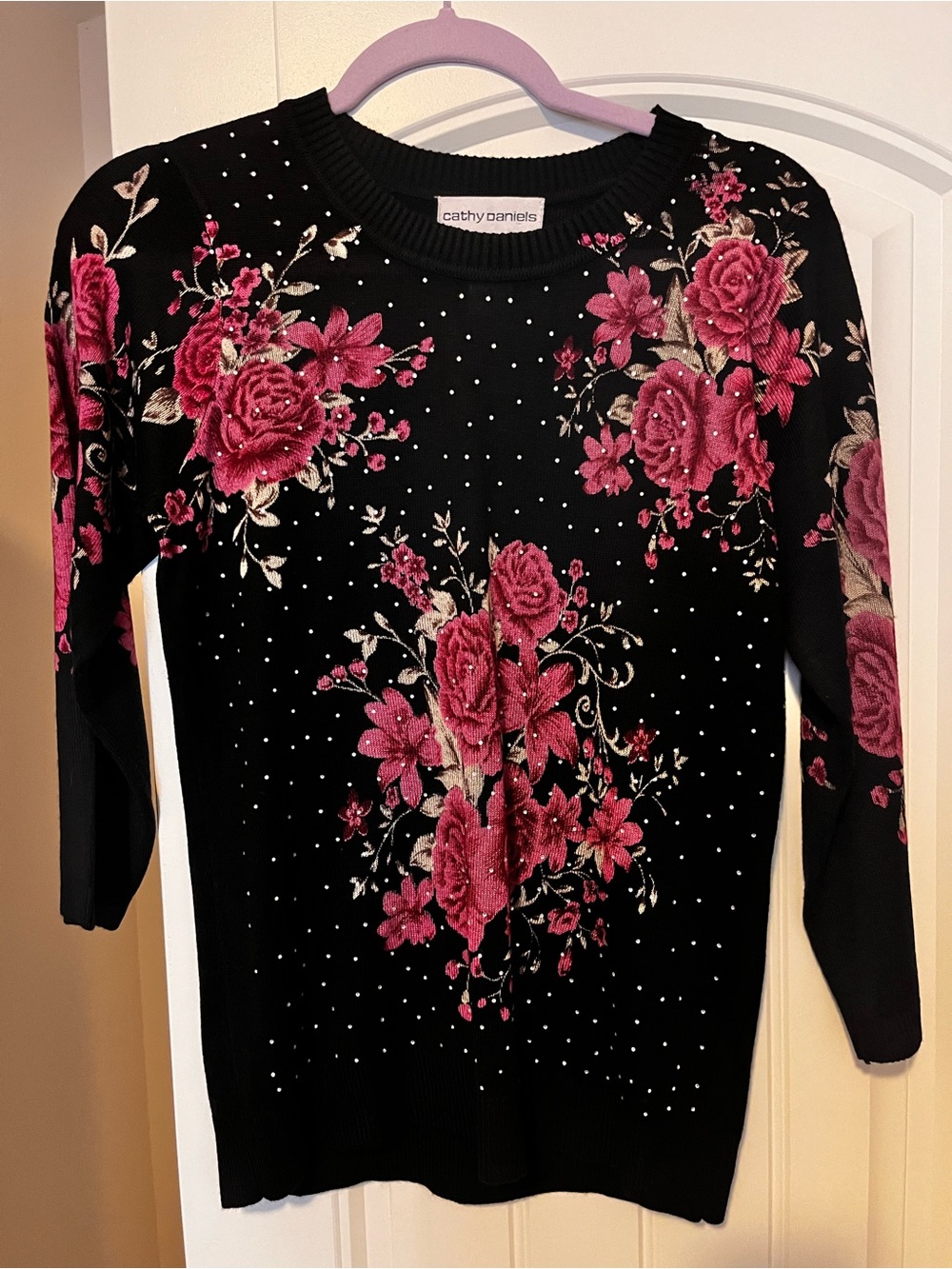 Cathy Daniels Black Sweater with Fuchsia Rose Embroidery/rhinestones on front